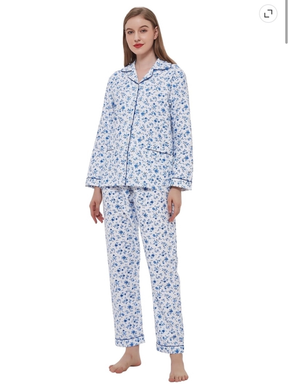Blue Floral Cotton-Blend Women's Pajama Set - Classic Button-Down
